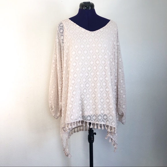 Democracy Tops - Democracy Beige Asymmetrical White Lace Tassel Top